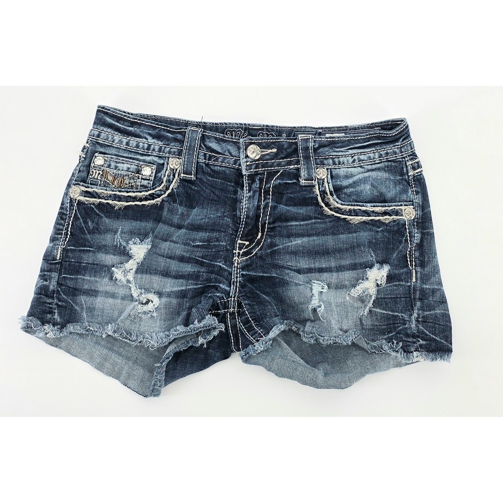 Miss Me Y2K Denim Shorts Size 30 Women Dark Wash Distressed Cutoff Embellished